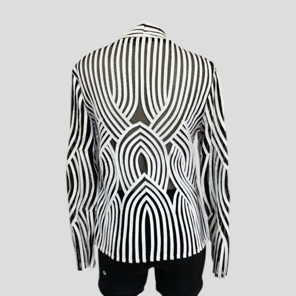 Vtg Alexandra Rosati Zip Up Black Stretch Mesh  White Stripe Details Blazer - Picture 2 of 9